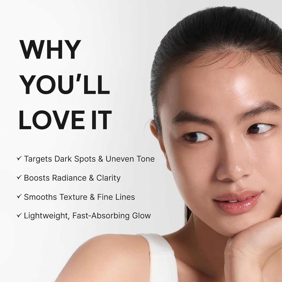 Woman with smooth skin and text highlighting product benefits on a white background