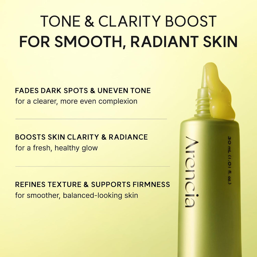 Skincare serum bottle with text on a yellow background, featuring the brand 'Arencia'.