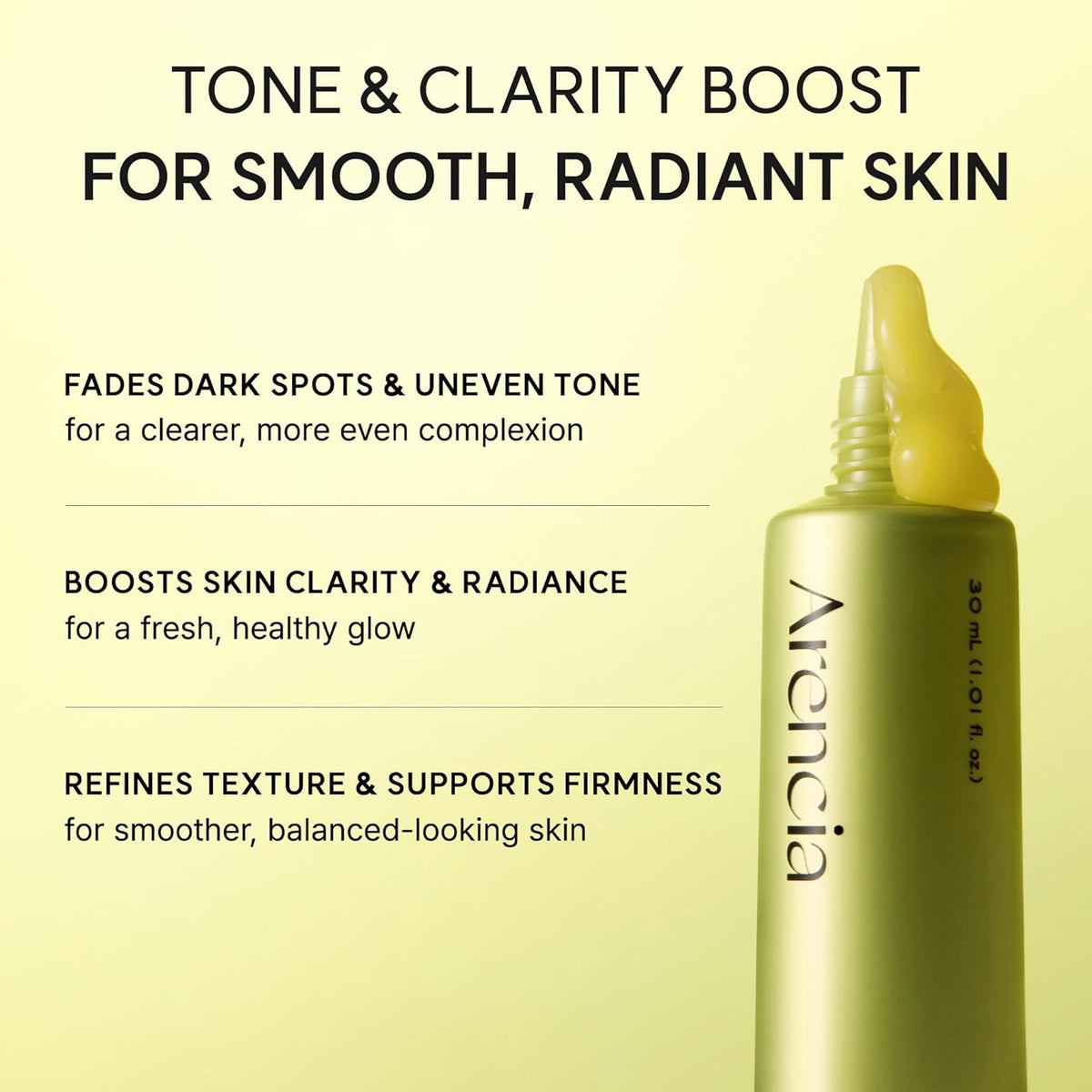 Skincare serum bottle with text on a yellow background, featuring the brand 'Arencia'.