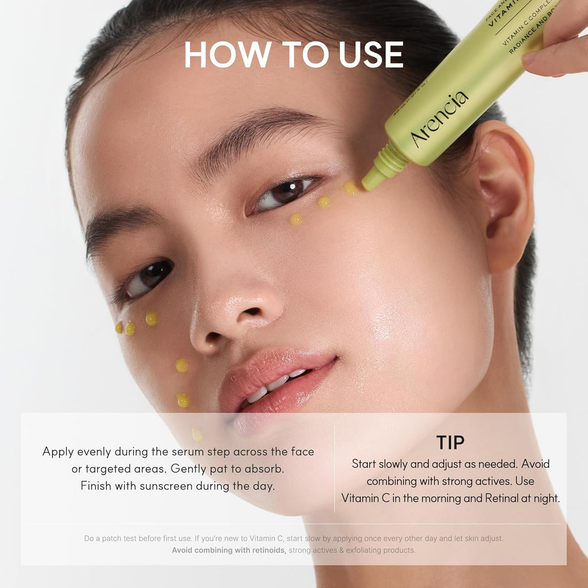 Person applying a skincare product to their face with text on how to use it.