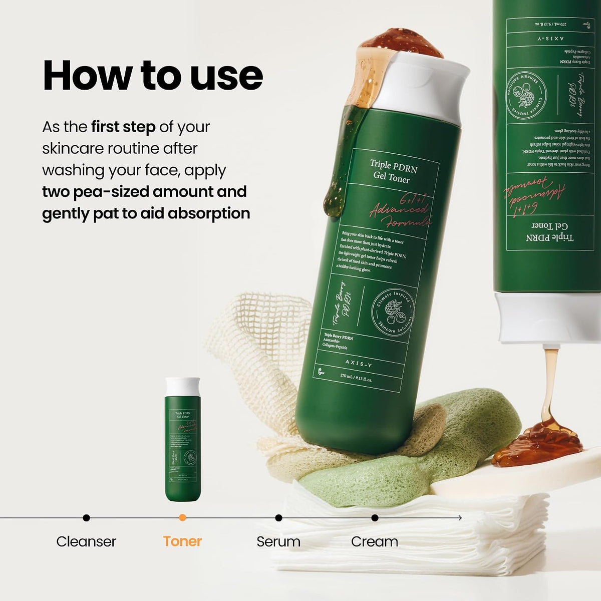 A skincare product set shown with a large green bottle labeled 'Total Pores Gel Toner' and a matching tube, alongside text instructions on how to use it. The products are styled with a small bottle, a folded towel, a green scrubber, and a drop of brown serum on a clean light background.