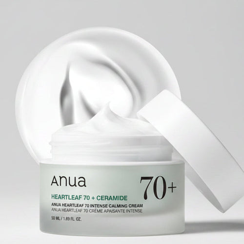 Anua Heartleaf 70+ Ceramide skincare cream packaging on a white background
