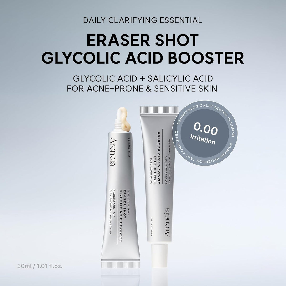 Arencia Eraser Shot Glycolic Acid Booster with text on a light gray background
