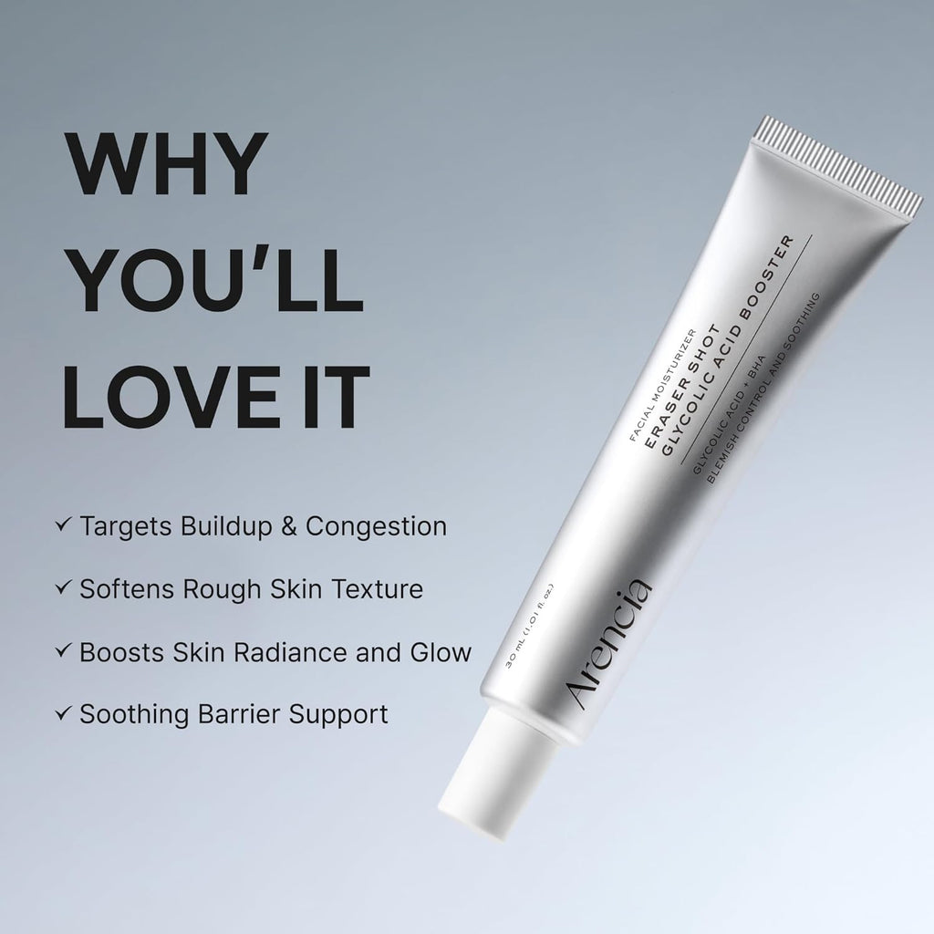 Tube of skincare product with text highlighting benefits on a gray background