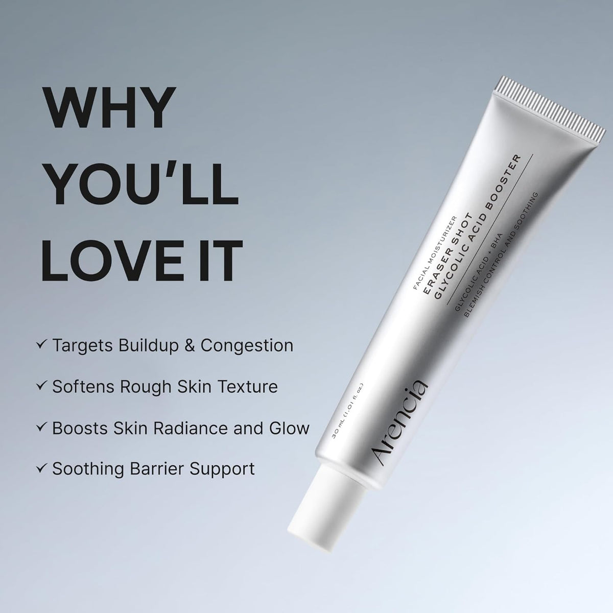 Tube of skincare product with text highlighting benefits on a gray background
