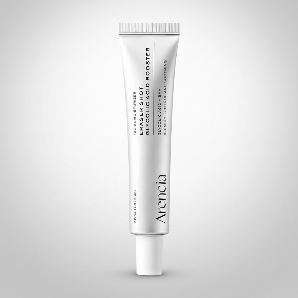 A white squeeze tube of Arencia Eraser Shot 909 Facial Moisturizer & Eraser Shot 909 Booster on a solid white background.