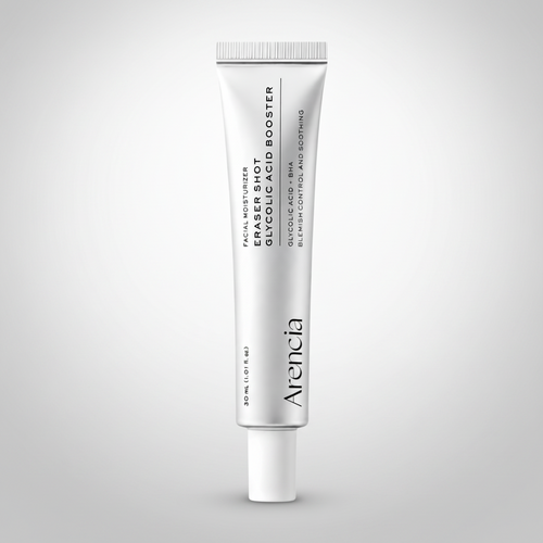 A white squeeze tube of Arencia Eraser Shot 909 Facial Moisturizer & Eraser Shot 909 Booster on a solid white background.