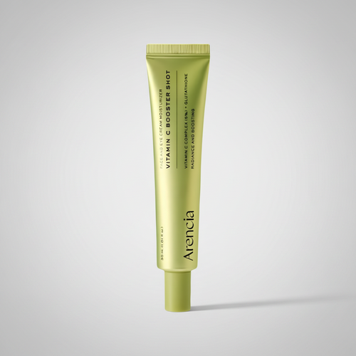 A gold squeeze tube of Arencia Vitamin C Booster Shot serum on a solid white background.