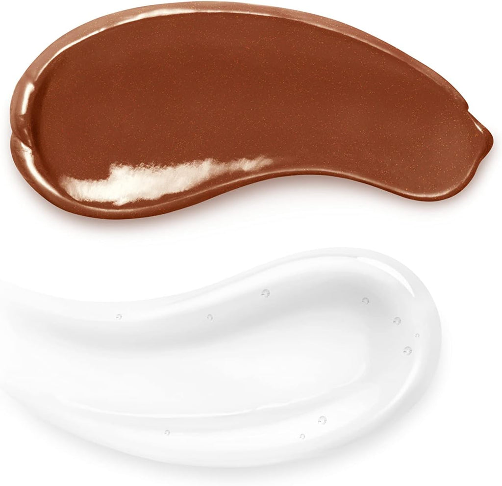 Two swatches of cosmetic product on a white background: a thick, glossy warm brown swatch at the top and a translucent white swatch at the bottom.