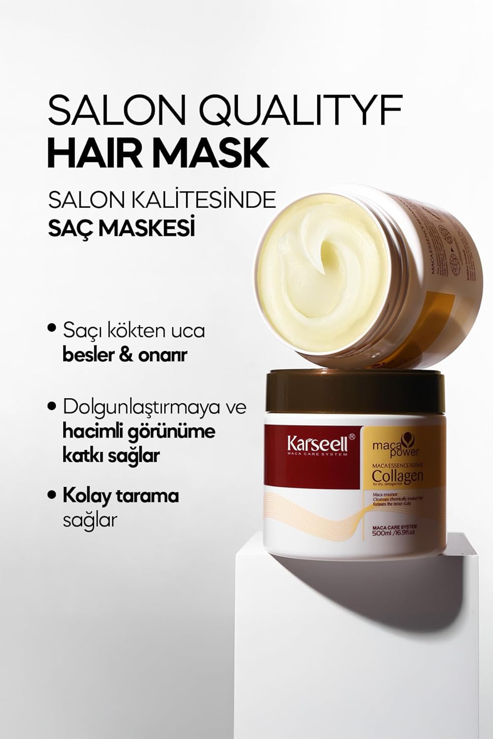 Karseell hair mask jar with text highlighting its features on a white background