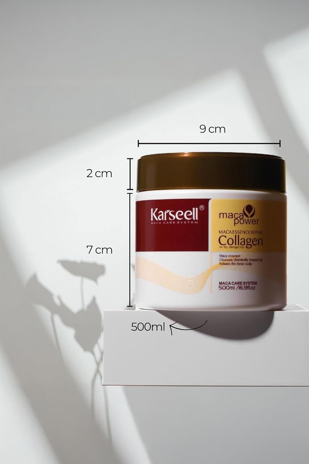 Karseell maca power collagen product jar with measurements on a light background