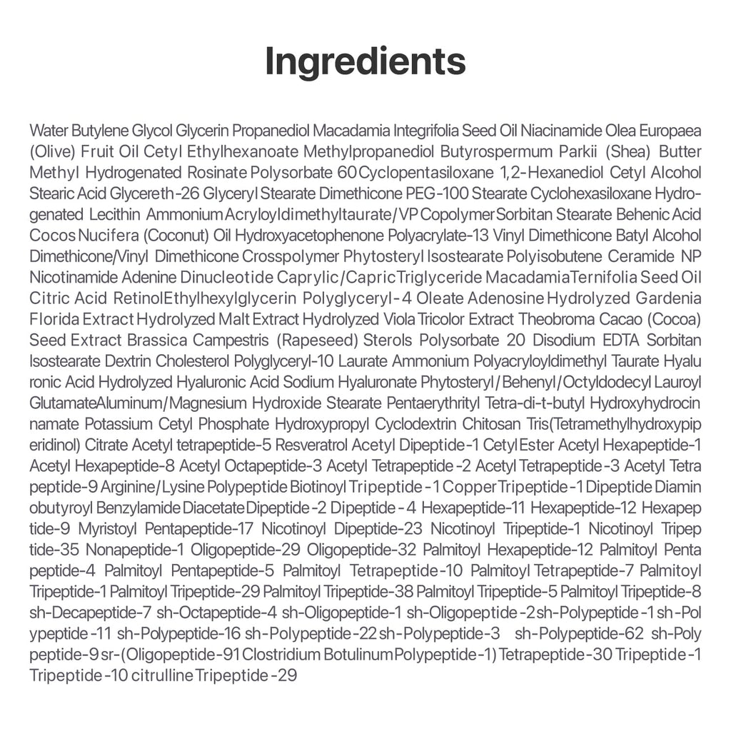 List of ingredients  Numbuzin No.9 NAD+ Retinol Volumetox Eye Cream 10ml  on a white background