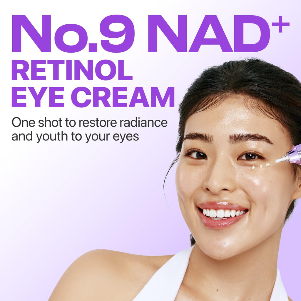 Advertisement for No. 9 NAD+ Retinol Eye Cream with a woman applying the cream.