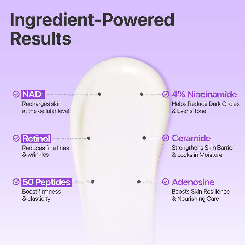 Skincare product with labeled ingredients on a purple background