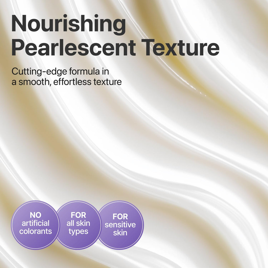 Advertisement for a skincare product with pearlescent texture, smoothness, and benefits listed.