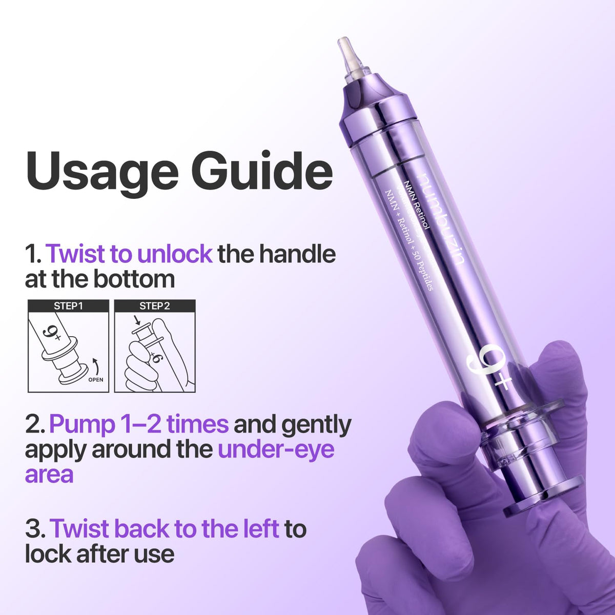 Purple cosmetic tool with usage guide on a purple background