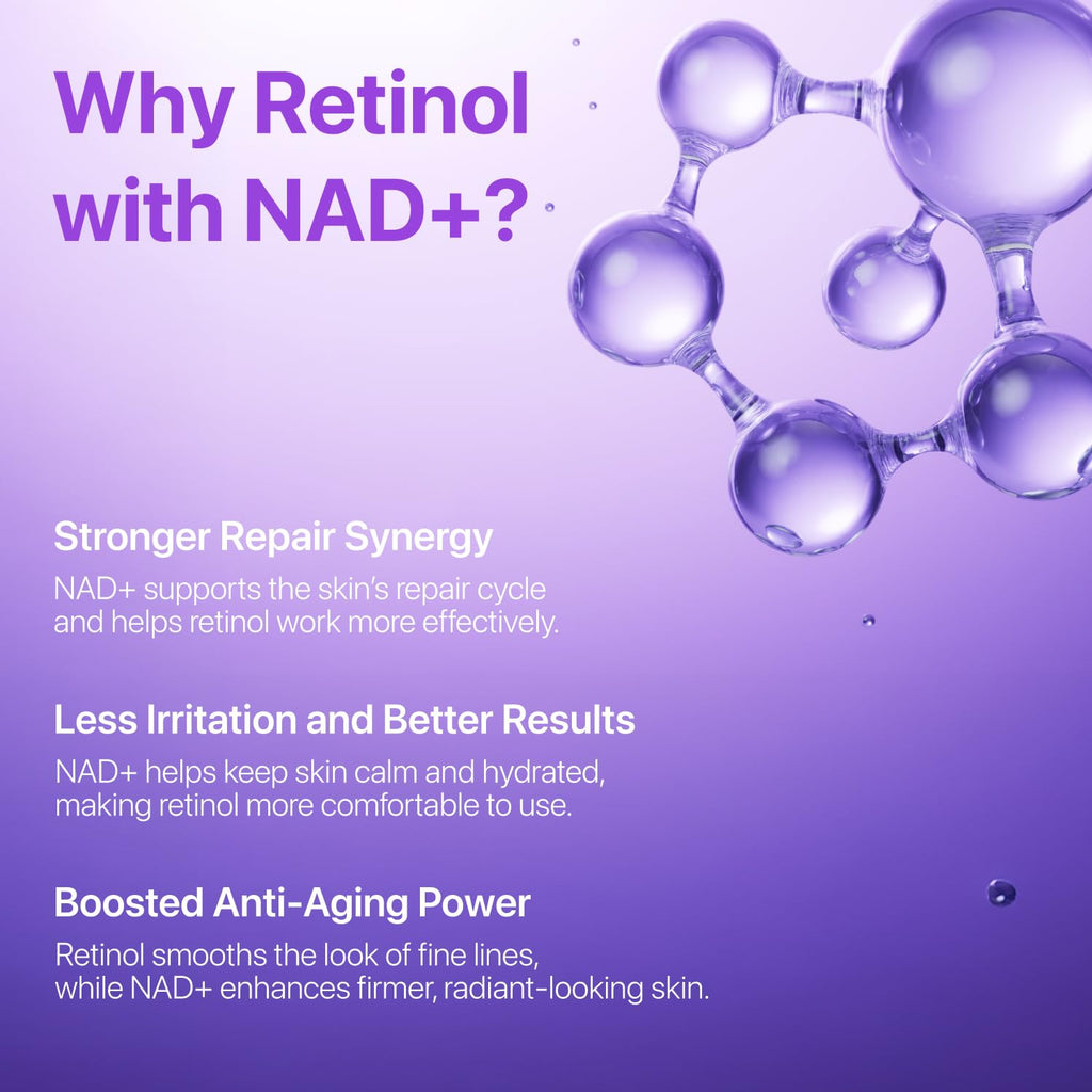 Promotional graphic about retinol with NAD+ on a purple background with molecular structure illustration.