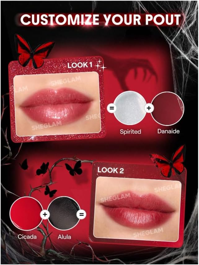 Promotional graphic for custom pout makeup looks, showing two look options with lip close-ups and color circles labeled 'Spirited', 'Danaide', 'Cicada', and 'Alula' on a dark red spider-themed background.