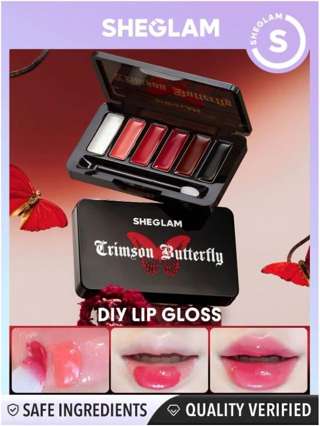 SHEGLAM Crimson Butterfly DIY Lip Gloss set, featuring an open black compact with four lip gloss shades (white, red, pink, and deep red) and the matching black box with gothic white lettering and a red butterfly. Three bottom panels show before-and-after lip gloss swatches on lips.