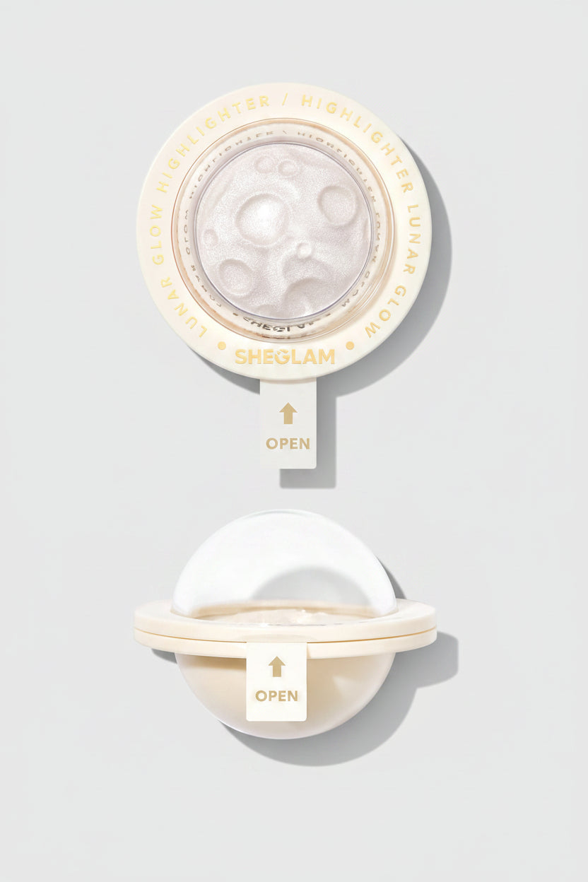 Sheglam Lunar Glow Highlighter in a cream-colored circular compact, shown both open and closed to display the moon-phase shaped pressed powder.