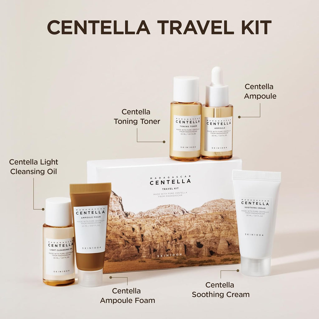 Centella travel kit with various skincare products on a beige background