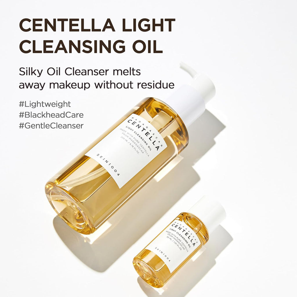Centella Light Cleansing Oil bottles with product description on a white background