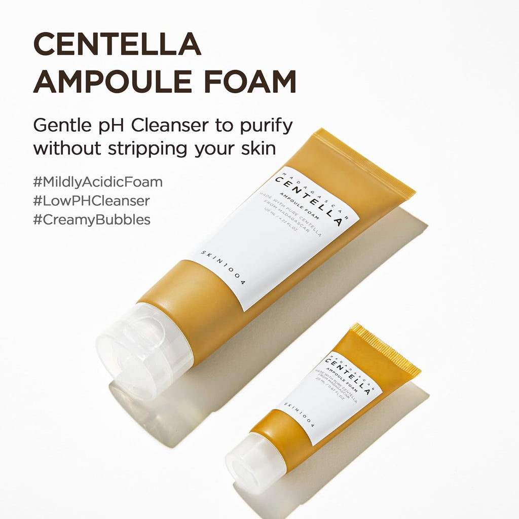 Two bottles of Centella Ampoule Foam on a white background with product details.
