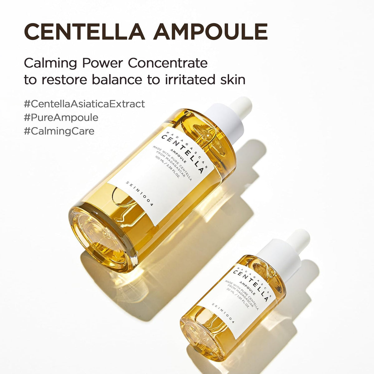 Two bottles of Centella Ampoule on a white background with text about its benefits.