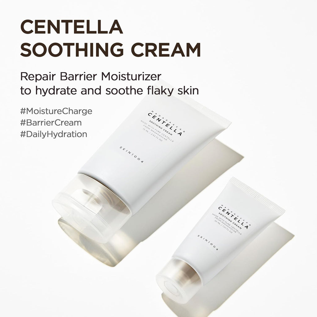Two bottles of Centella Soothing Cream on a white background with product details.