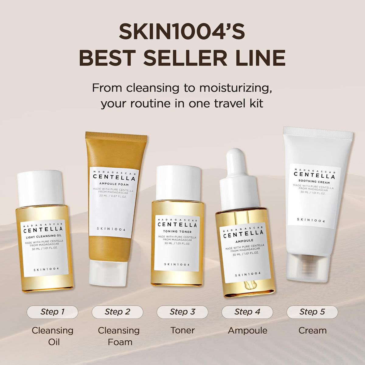 SKIN1004 skincare product lineup with step-by-step instructions on a beige background