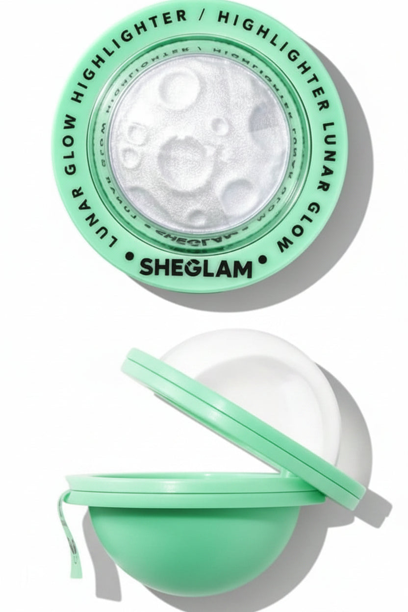 Sheglam Lunar Glow Highlighter in a mint green circular compact, shown from the top and bottom against a white background.