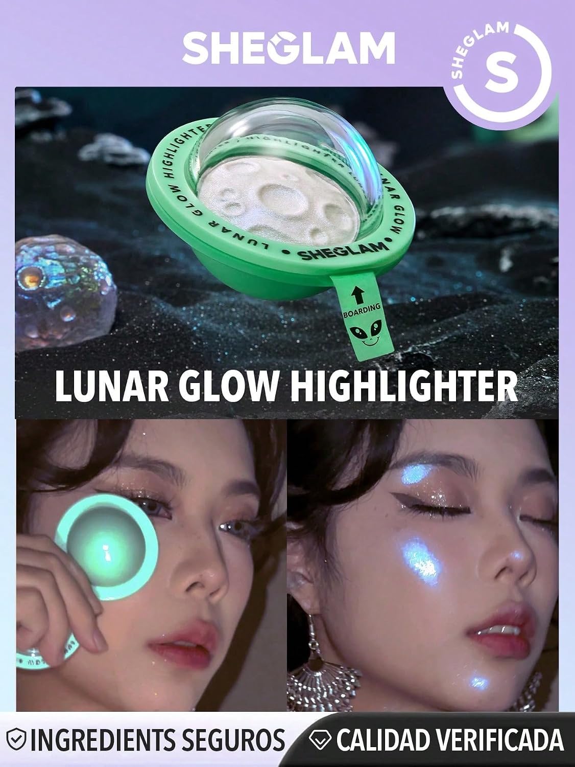 SheGlam Lunar Glow Highlighter in shade S, shown in its green dome container alongside two before-and-after style photos of a model demonstrating the glowing highlighter effect on her face.