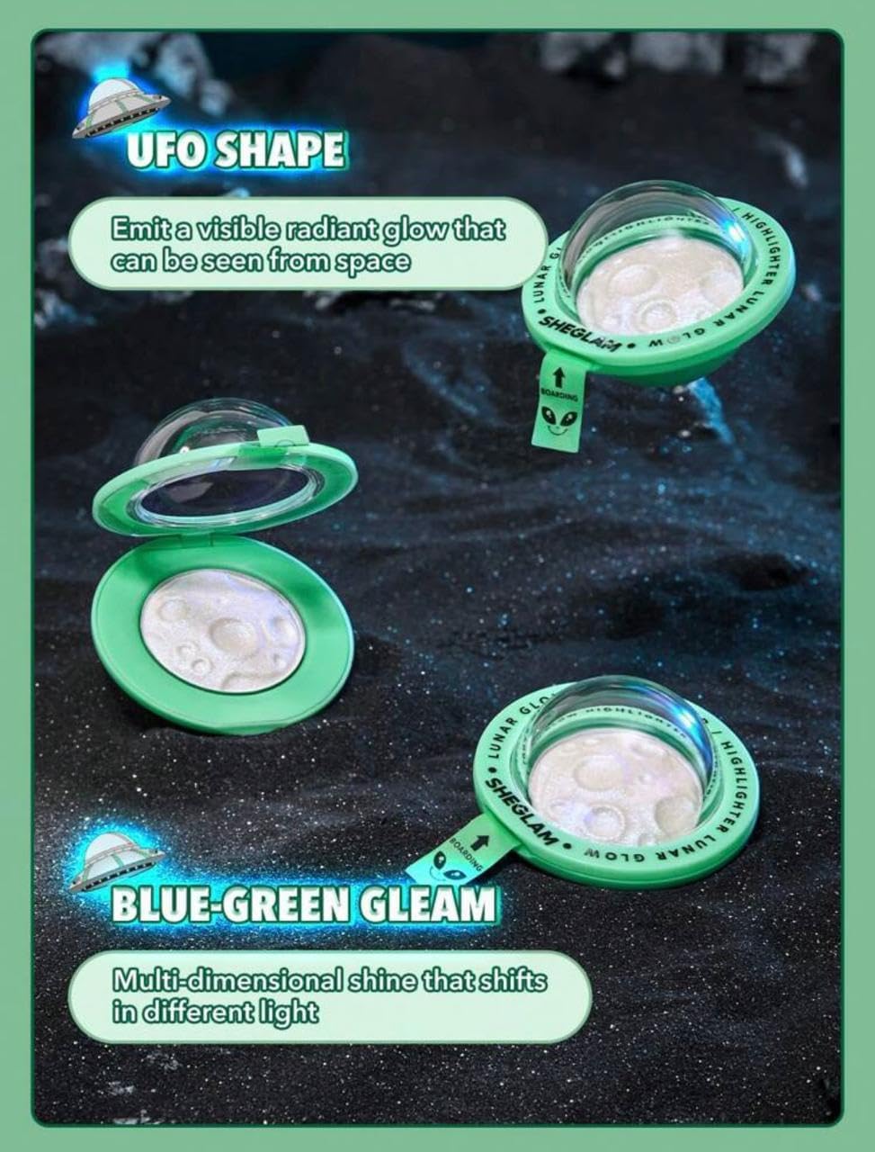 Green UFO-shaped objects with blue-green gleam on a space-themed background